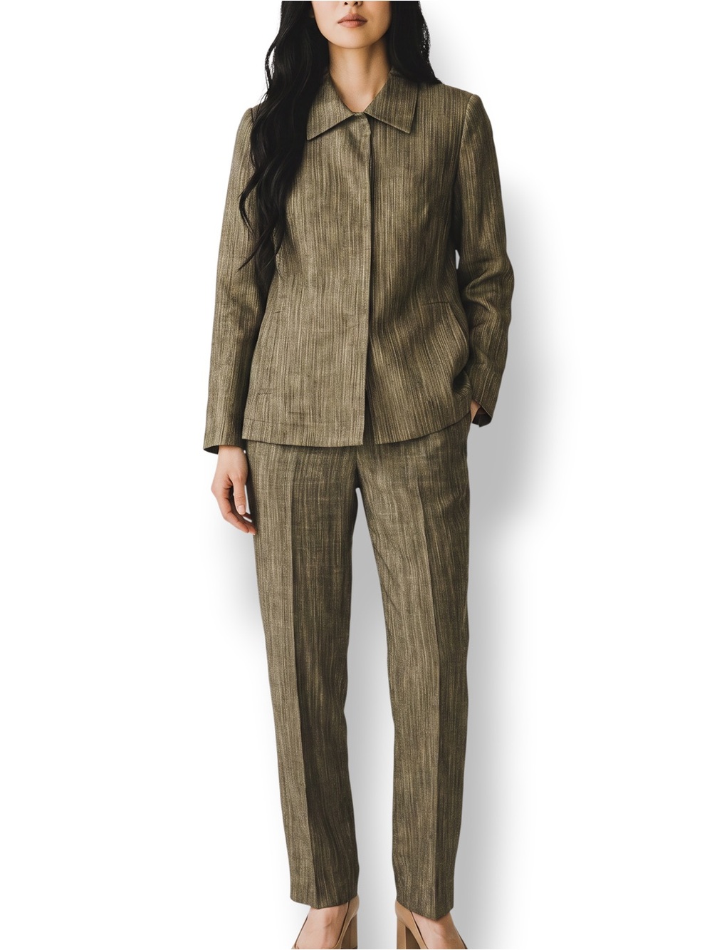 Vintage Tamotsu New York Olive Metallic Stripe Pant Suit Set Jacket Pants 4